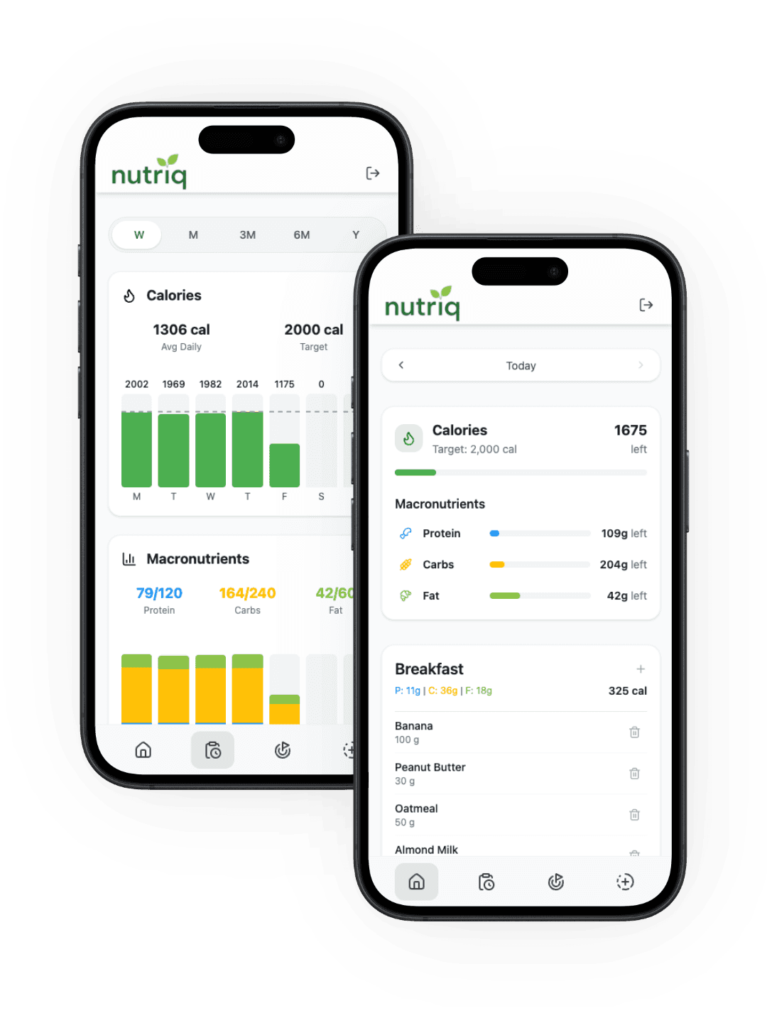 Nutriq app screens showing macro tracking interface